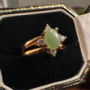 Super Cool Vintage Costume Faux Green Jade Black & White Diamond Flip Ring